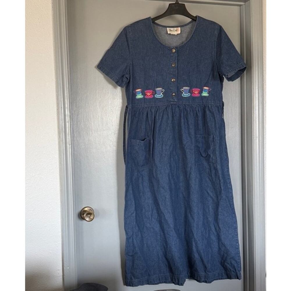 Vtg Olivia Rose Denim Embroidery Coffee Cup Midi Dress Short Sleeve Scoop Neck M
